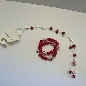 Necklace, red, white, and silver with matching bracelets.